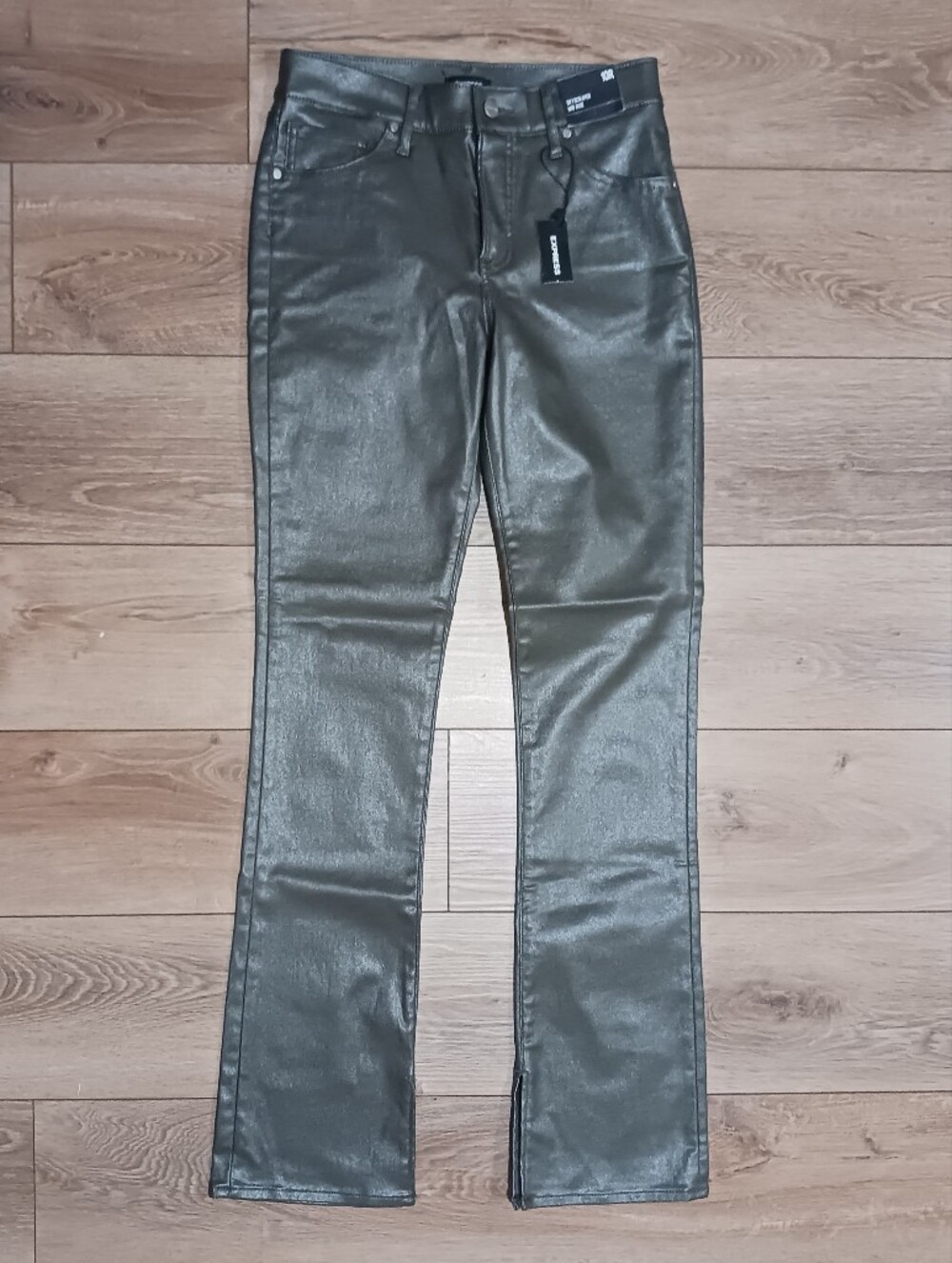 Express Skyscraper Mid Rise Metallic Coated Jeans Split Hem - Picture 2 of 10